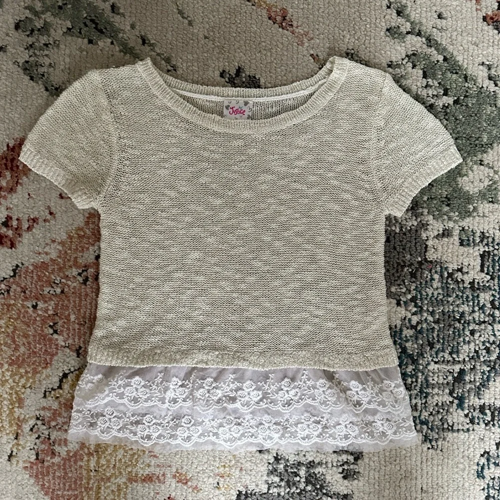 Justice Girls Short Sleeve Sweater Blouse Lace Tulle Bottom Size 12 Like New